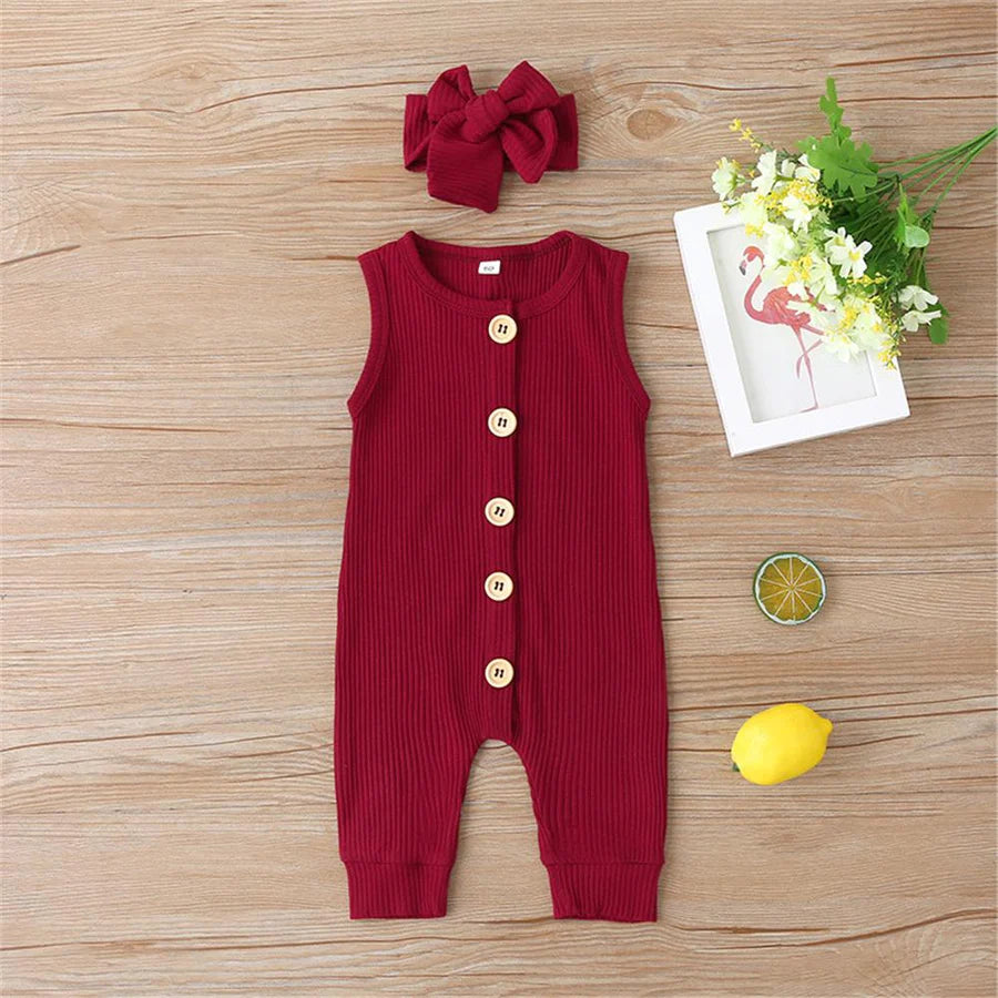 Baby Girls Sleeveless Button Up Solid Color Romper