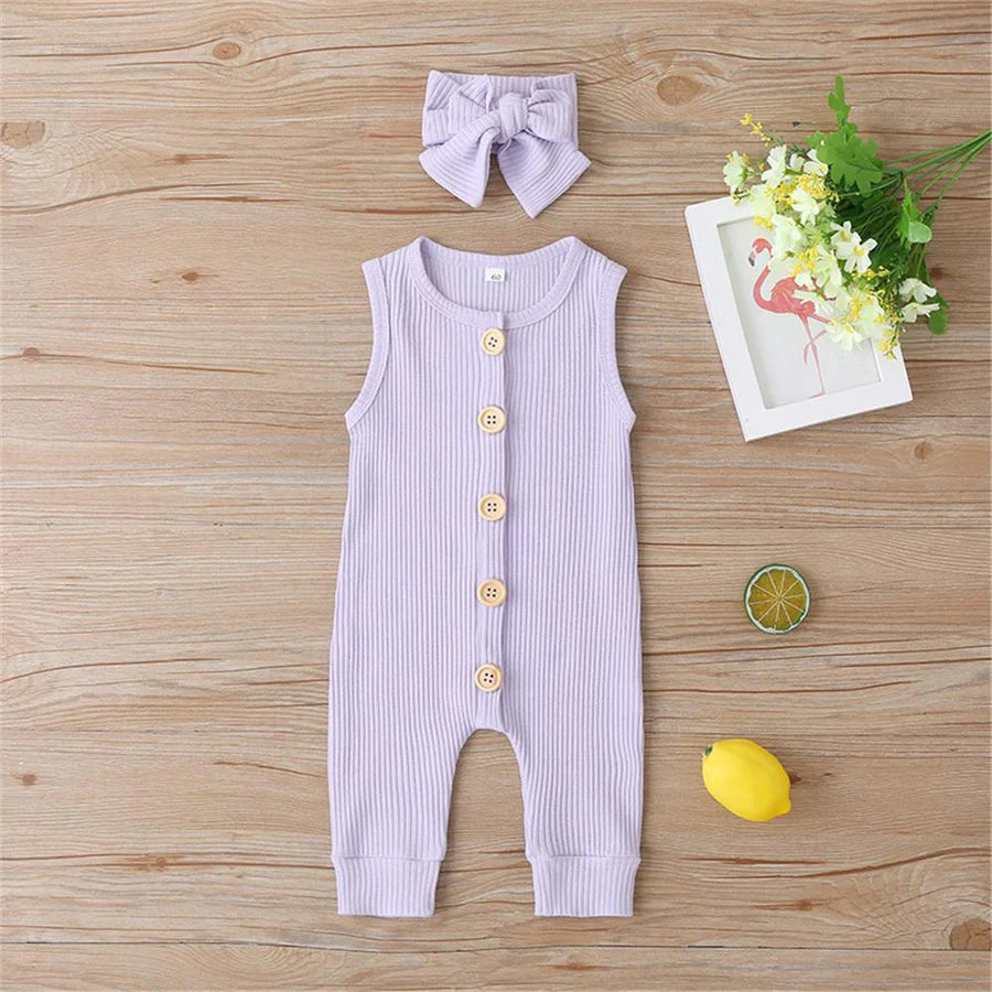 Baby Girls Sleeveless Button Up Solid Color Romper