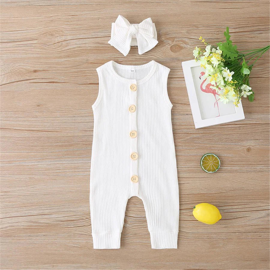 Baby Girls Sleeveless Button Up Solid Color Romper