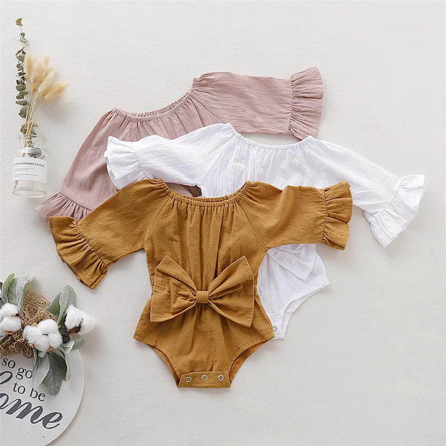 Baby Girls Solid Cotton Linen Bow Long Sleeve Romper