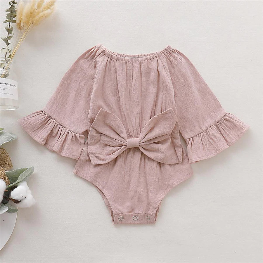 Baby Girls Solid Cotton Linen Bow Long Sleeve Romper