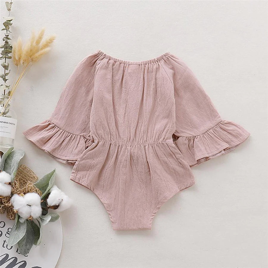 Baby Girls Solid Cotton Linen Bow Long Sleeve Romper