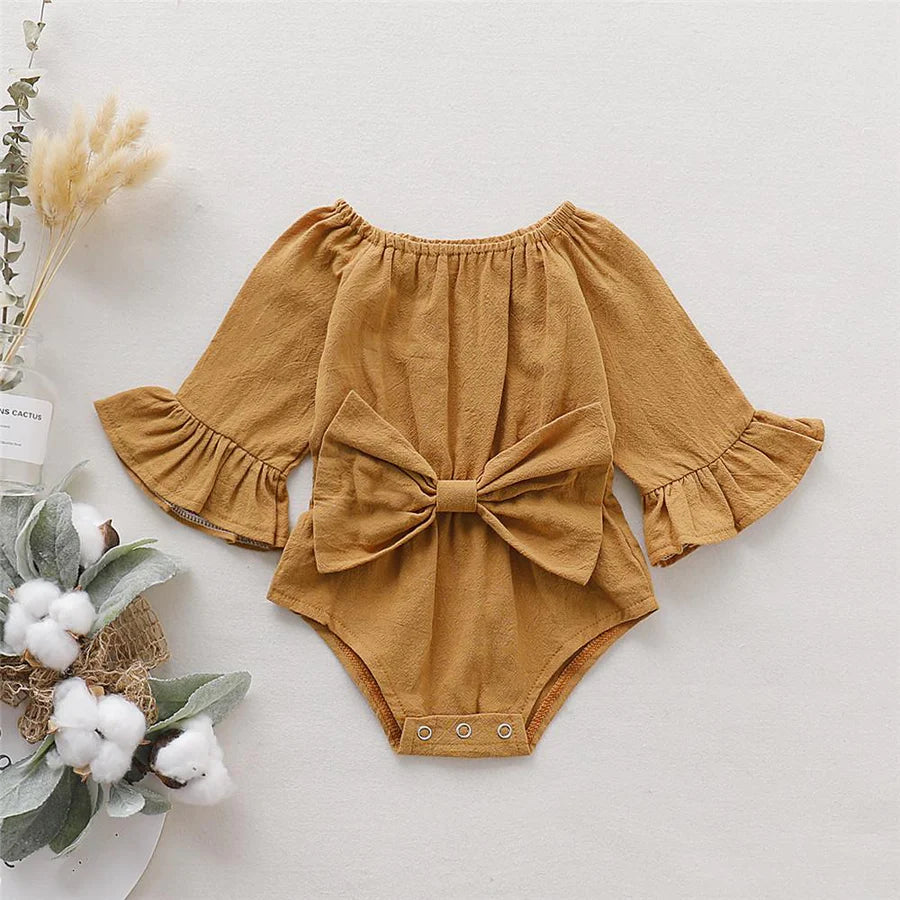 Baby Girls Solid Cotton Linen Bow Long Sleeve Romper