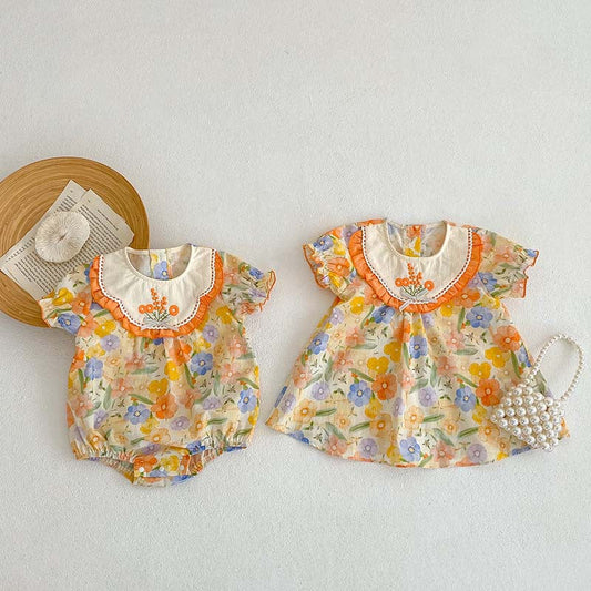 Flower Bow Print Romper and Dress Set