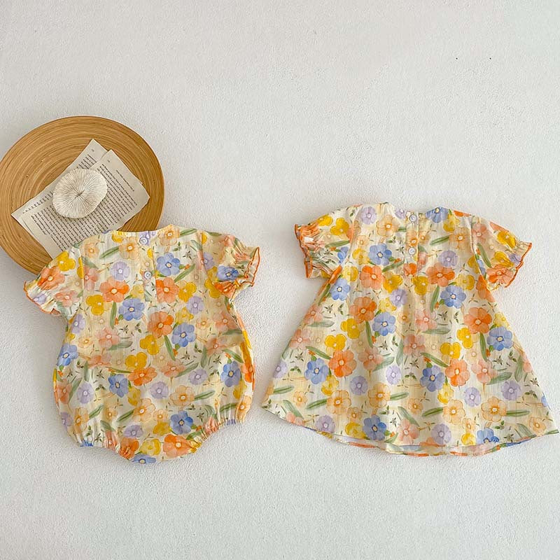 Flower Bow Print Romper and Dress Set