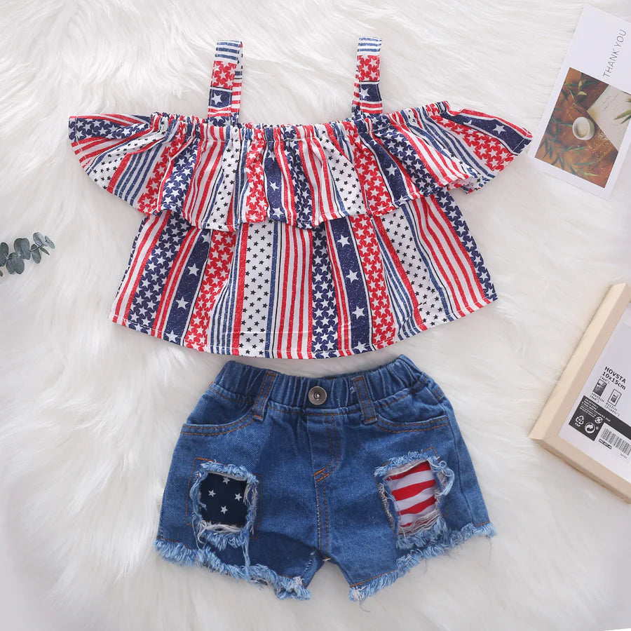 Baby Girls Strap Top Denim Shorts Suit