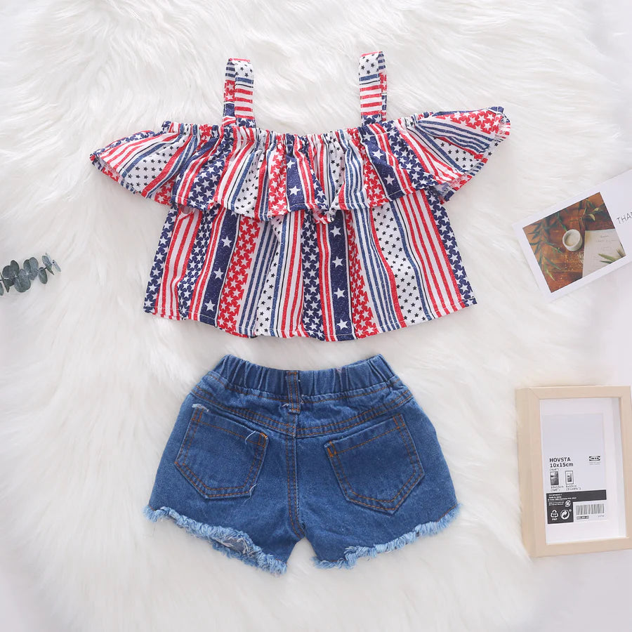 Baby Girls Strap Top Denim Shorts Suit