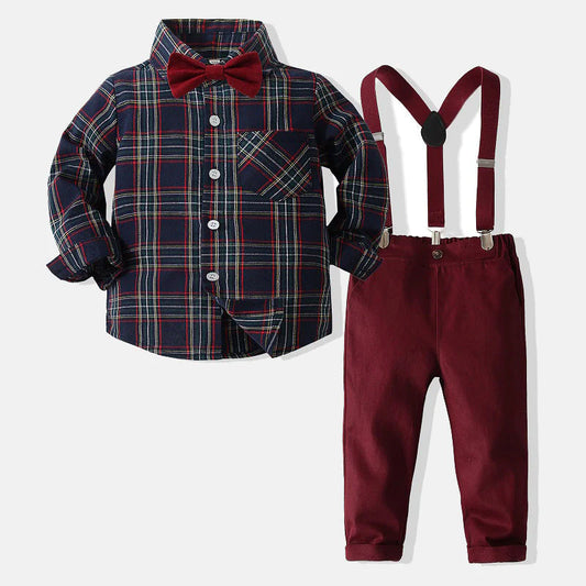 Toddler Boys Bow Tie Plaid Polo Shirt and Suspender Pants