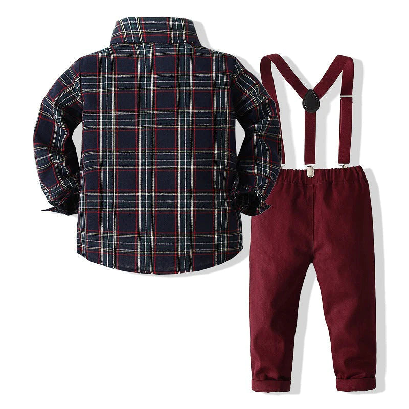 Toddler Boys Bow Tie Plaid Polo Shirt and Suspender Pants