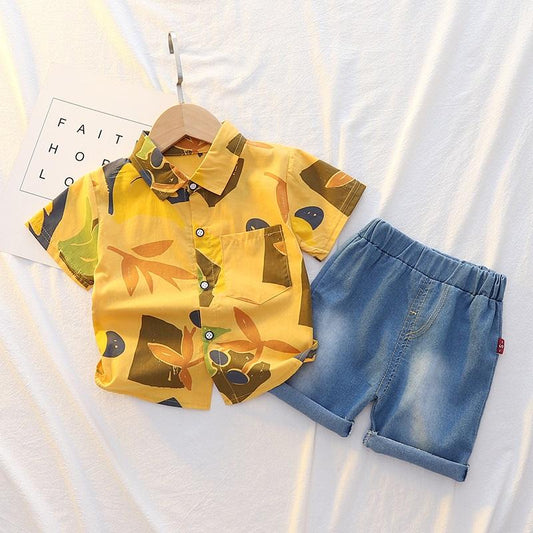 Toddler Boys Leaf Print Shirt and Denim Shorts