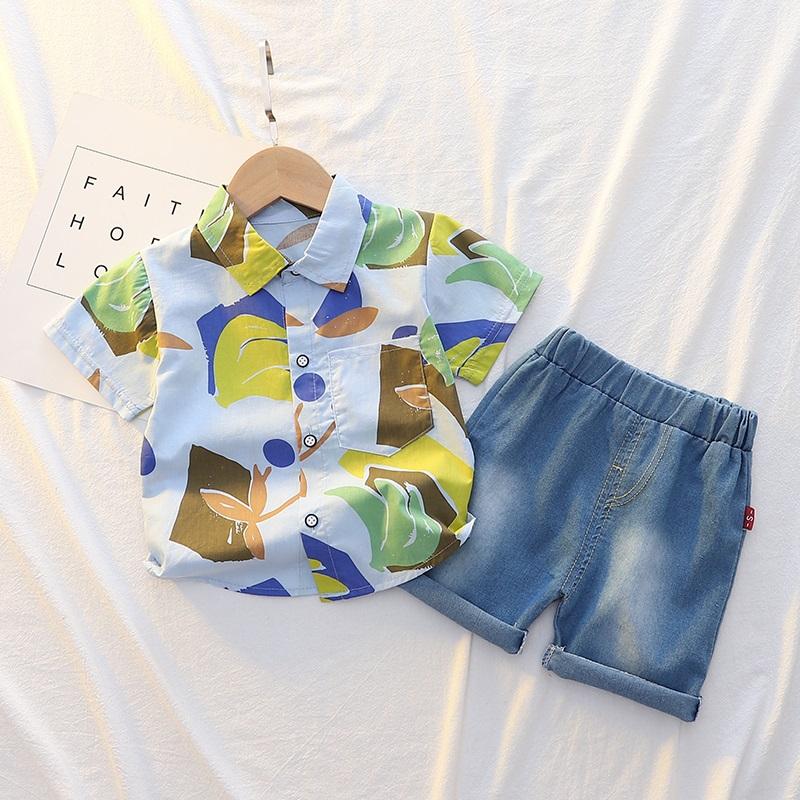 Toddler Boys Leaf Print Shirt and Denim Shorts