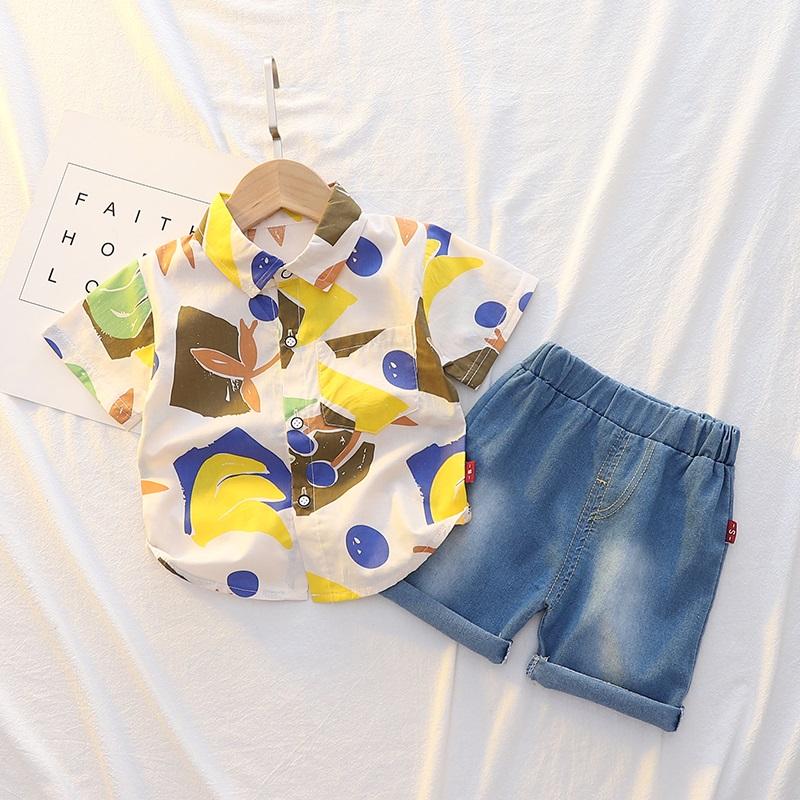 Toddler Boys Leaf Print Shirt and Denim Shorts