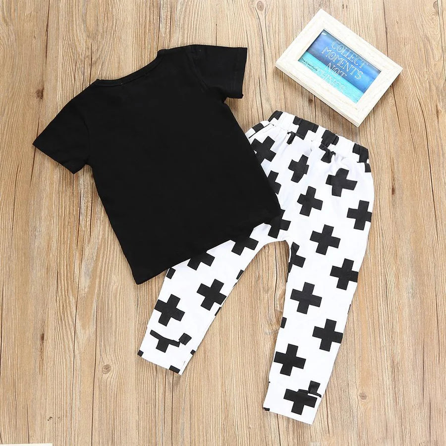 Toddler Boys Letter Pattern Top and Cross Pattern Pants