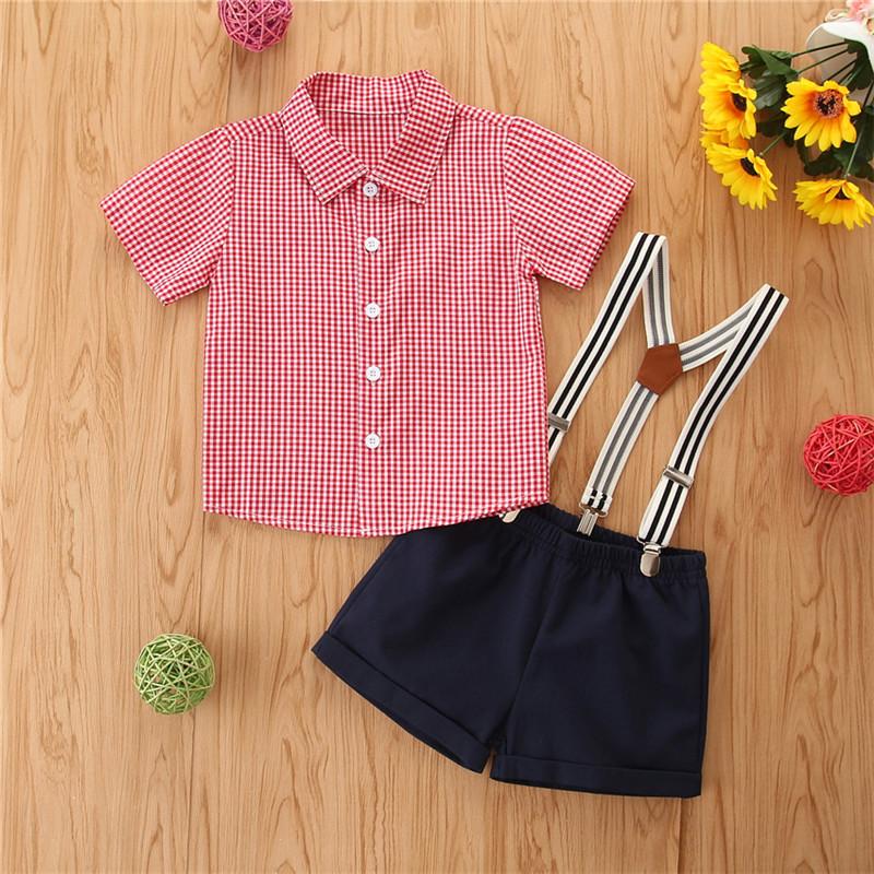 Toddler Boys Plaid Button Up and Suspender Shorts