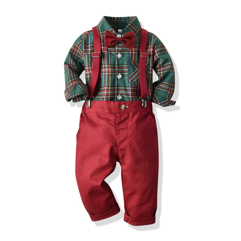 Toddler Boys Plaid Top with Bow Tie and Suspender Pants