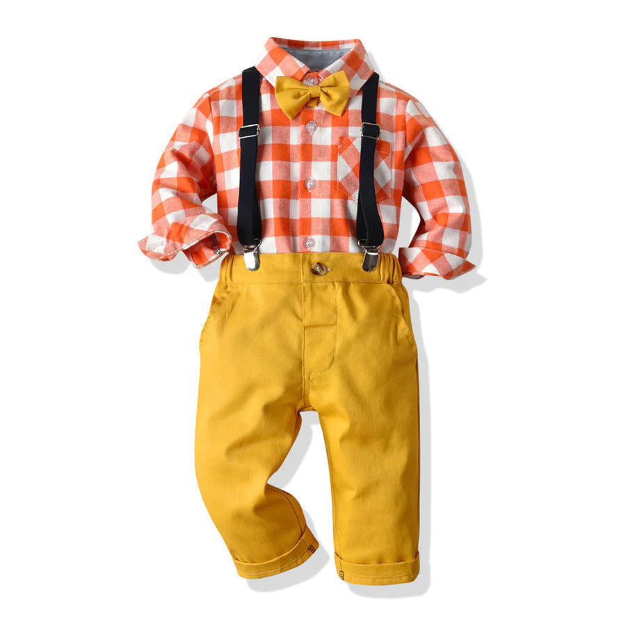 Toddler Boys Plaid Top with Bow Tie and Suspender Pants