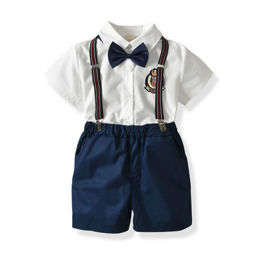 Toddler Boys Solid Embroidery Shirt with Bow Tie and Suspender Shorts Set