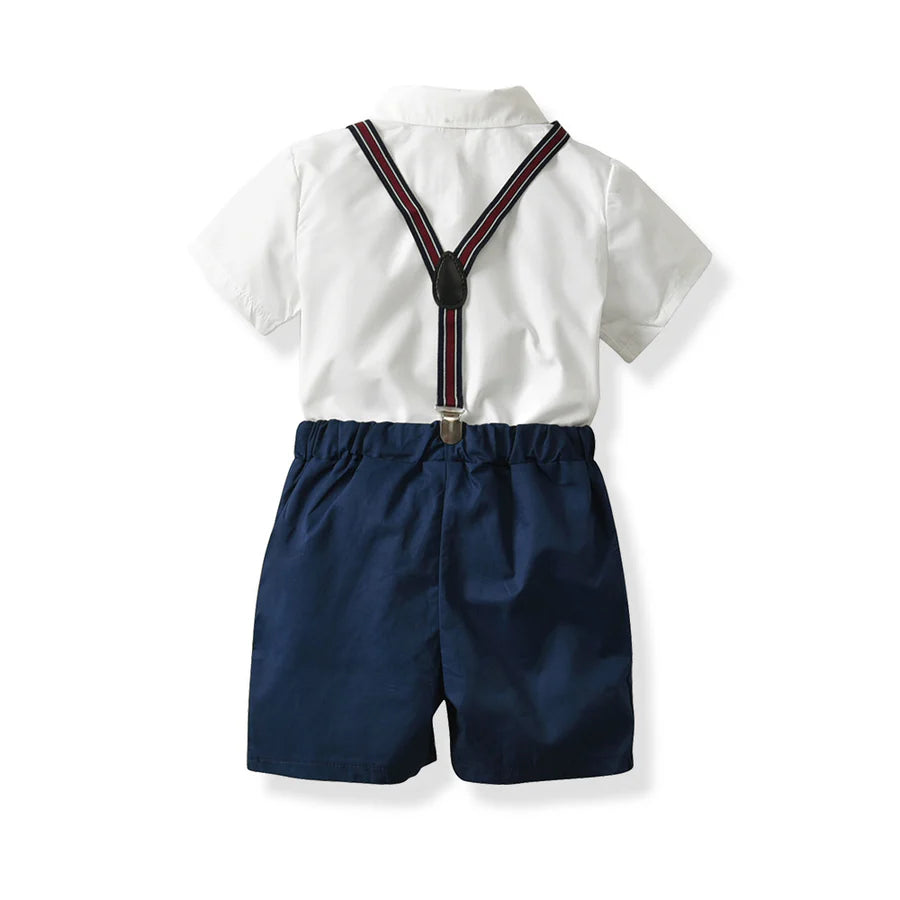 Toddler Boys Solid Embroidery Shirt with Bow Tie and Suspender Shorts Set