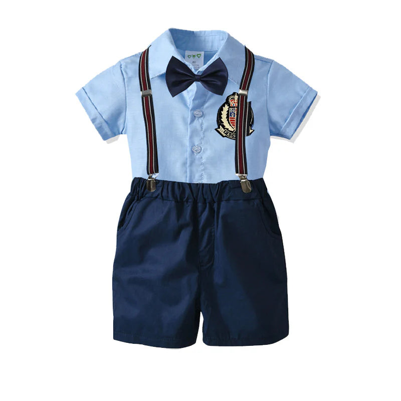 Toddler Boys Solid Embroidery Shirt with Bow Tie and Suspender Shorts Set