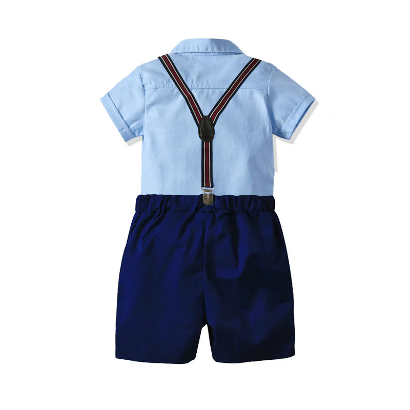 Toddler Boys Solid Embroidery Shirt with Bow Tie and Suspender Shorts Set