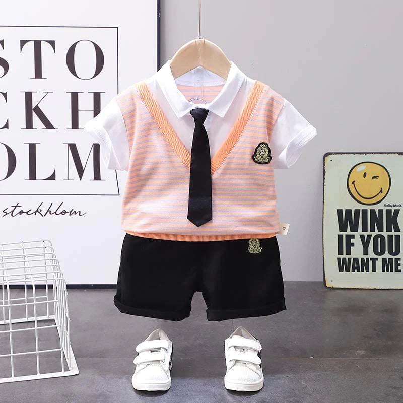 Toddler Boys Striped Vest Tie Decor Shirt and Shorts