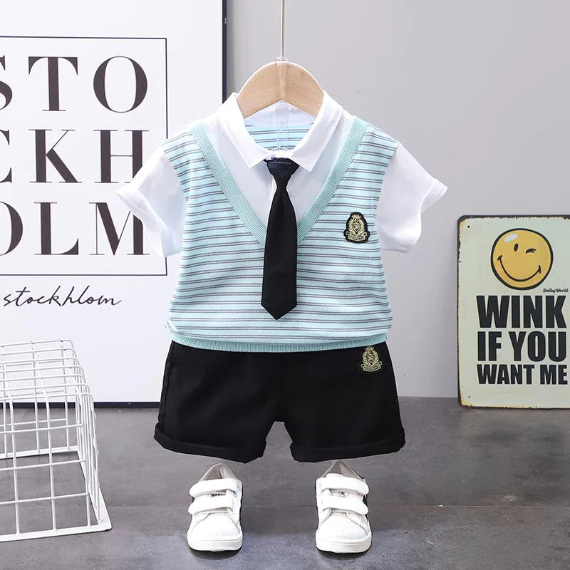 Toddler Boys Striped Vest Tie Decor Shirt and Shorts