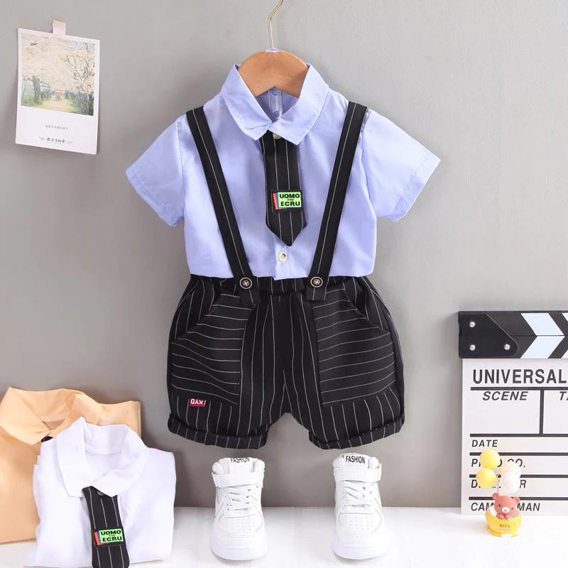 Toddler Boys Tie Shirt and Plaid Suspender Shorts