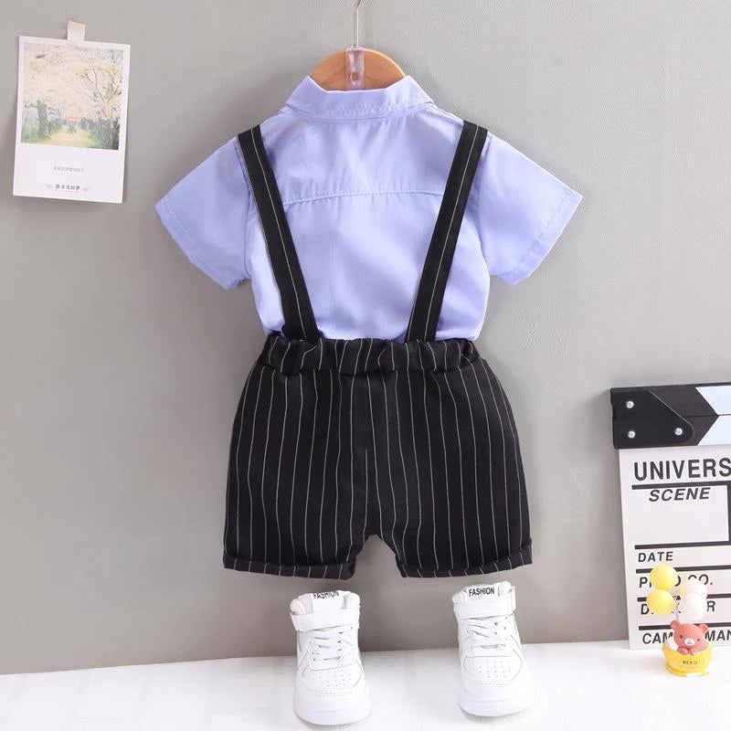 Toddler Boys Tie Shirt and Plaid Suspender Shorts