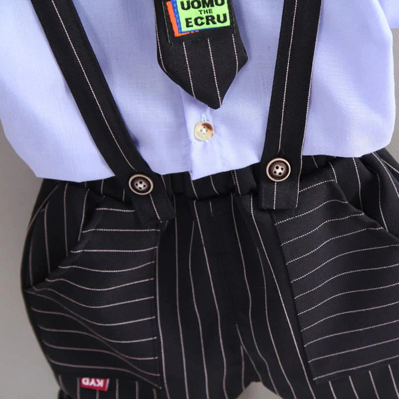 Toddler Boys Tie Shirt and Plaid Suspender Shorts