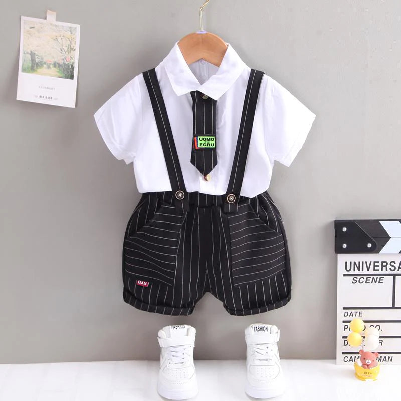 Toddler Boys Tie Shirt and Plaid Suspender Shorts