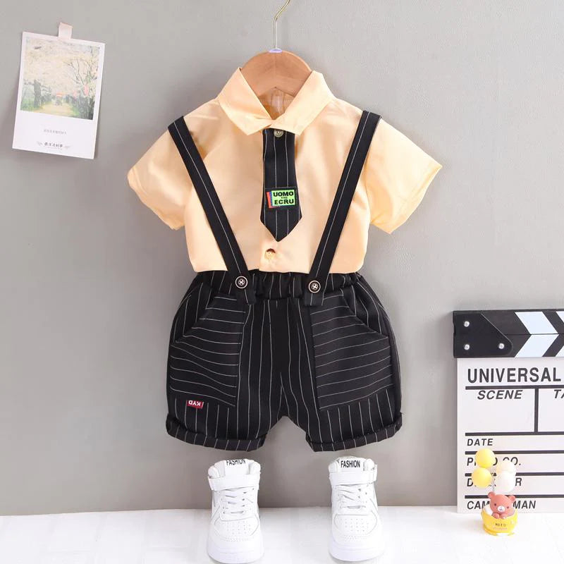 Toddler Boys Tie Shirt and Plaid Suspender Shorts