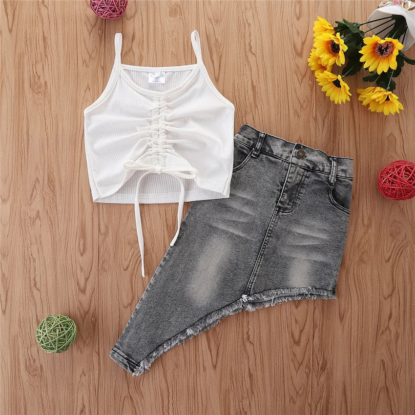 Toddler Girls White Top and Irregular Denim Skirt