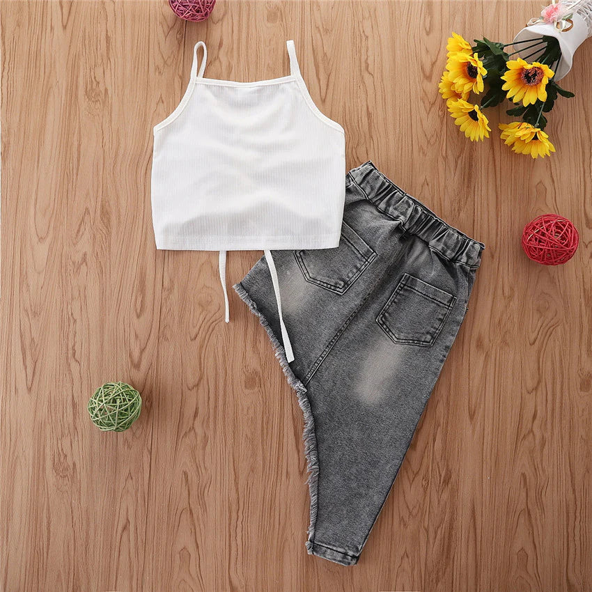 Toddler Girls White Top and Irregular Denim Skirt