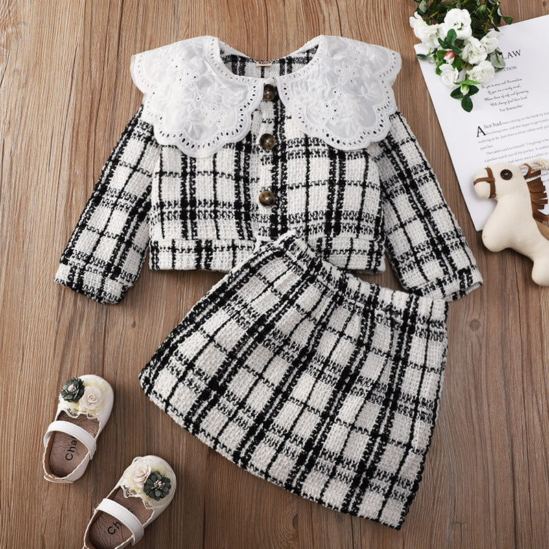 Toddler Girls Black and White Plaid Print Lace Top and Skirt Suit