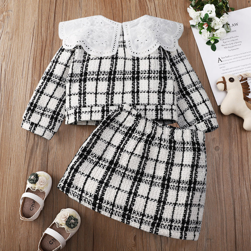 Toddler Girls Black and White Plaid Print Lace Top and Skirt Suit