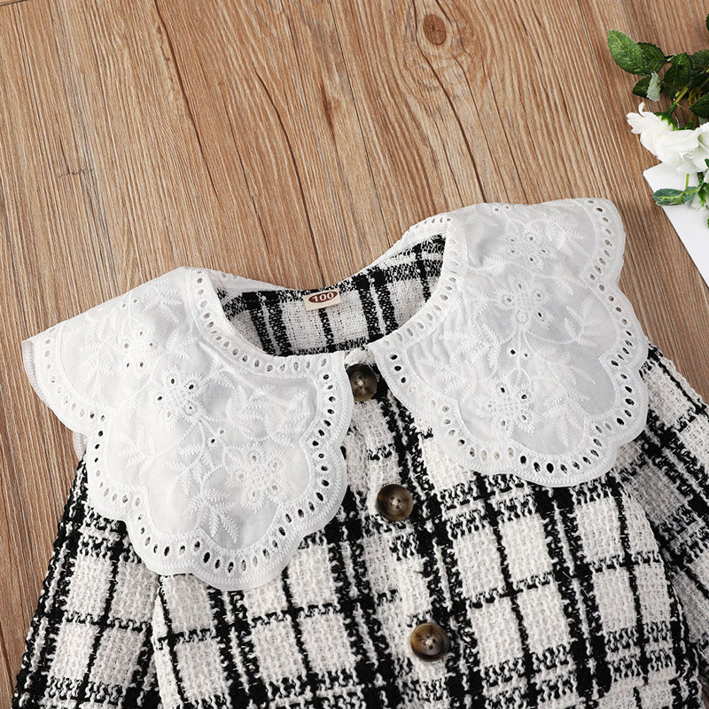 Toddler Girls Black and White Plaid Print Lace Top and Skirt Suit