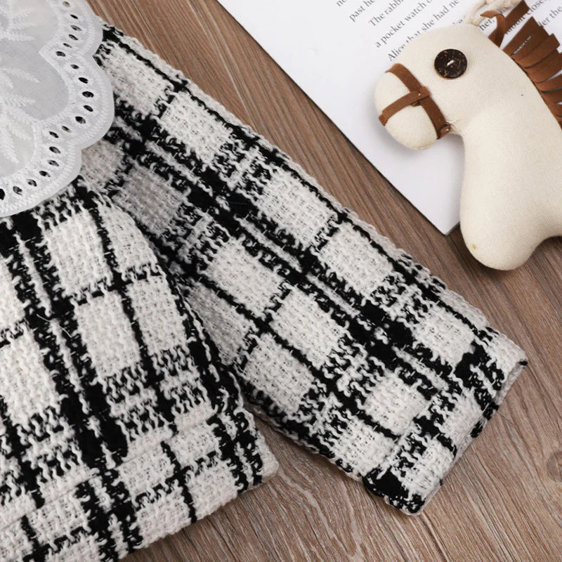 Toddler Girls Black and White Plaid Print Lace Top and Skirt Suit