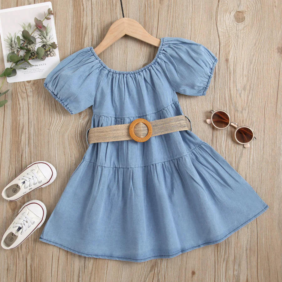 Toddler Girls Blue Denim Short Sleeve Princess Dress with Shorts