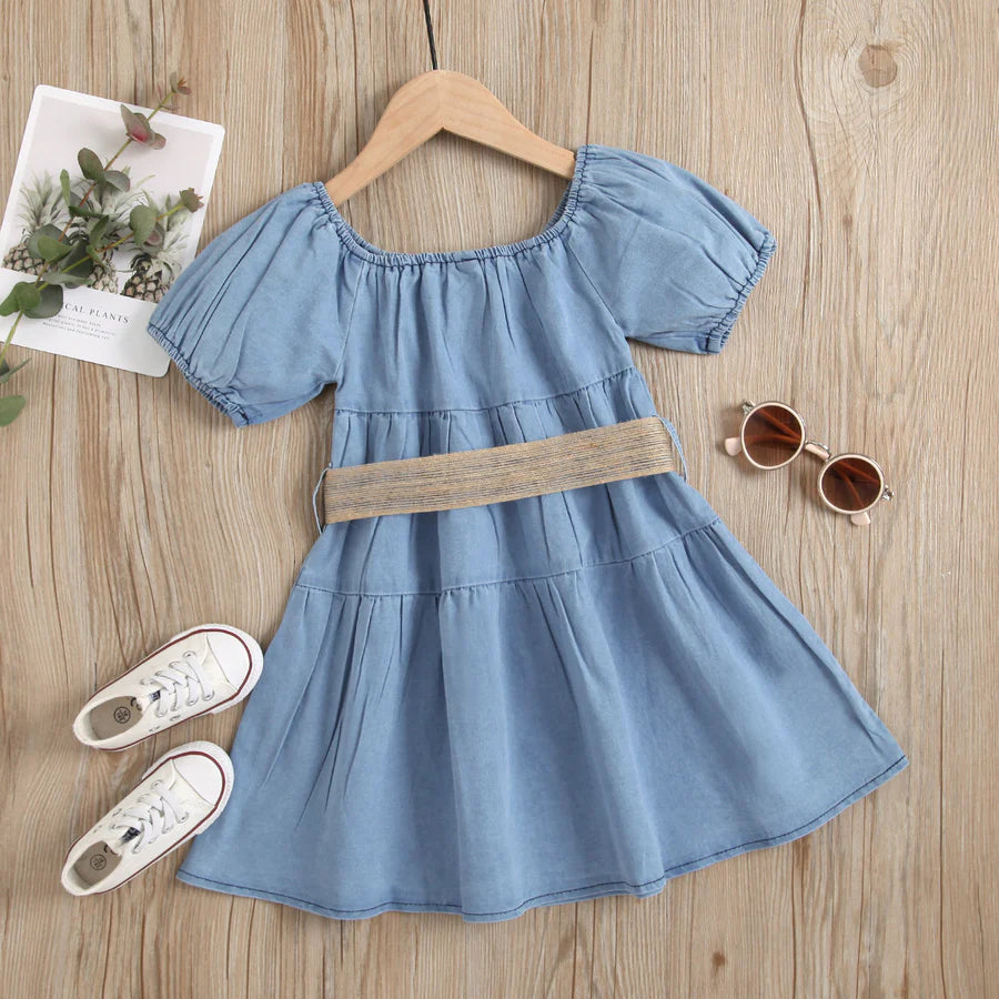 Toddler Girls Blue Denim Short Sleeve Princess Dress with Shorts