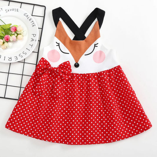 Toddler Girls Cartoon Print Fox Splice Suspender Bow Polka Dot Dress