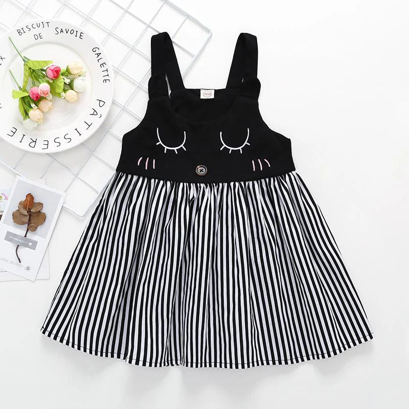 Toddler Girls Cartoon Print Suspender Stripe Splice Dress