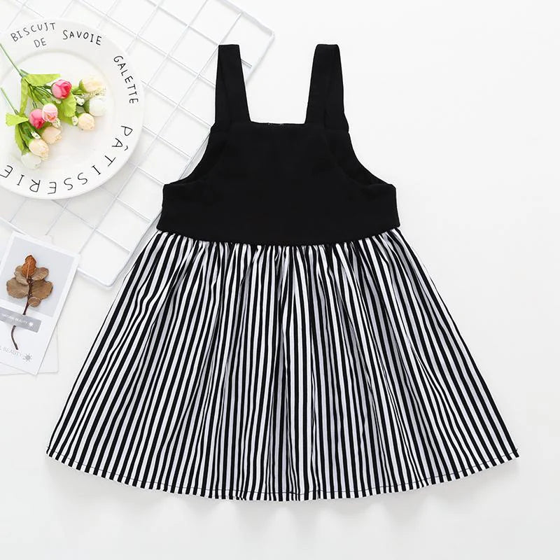 Toddler Girls Cartoon Print Suspender Stripe Splice Dress