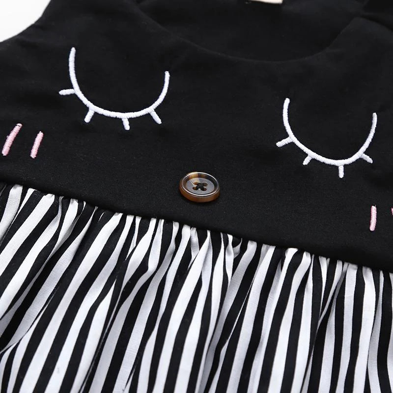 Toddler Girls Cartoon Print Suspender Stripe Splice Dress