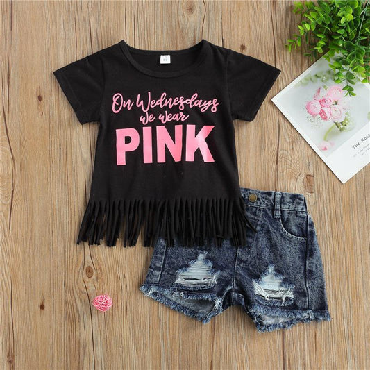 Toddler Girls Letter Print T-Shirt and Ripped Shorts