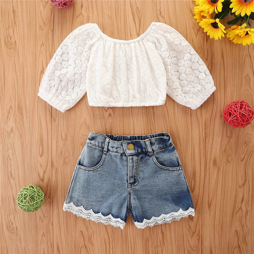 Toddler Girls Lace Short Sleeve Top and Denim Shorts