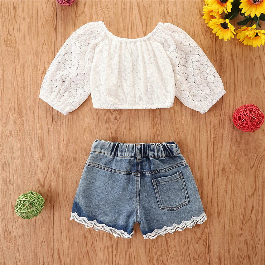 Toddler Girls Lace Short Sleeve Top and Denim Shorts