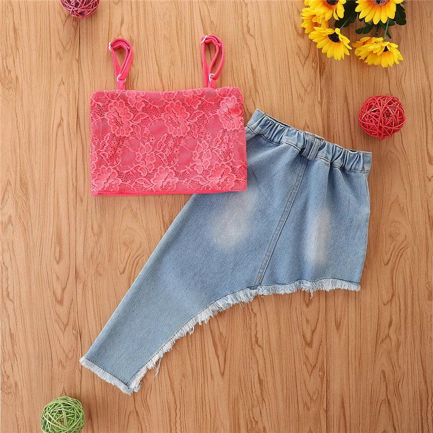 Toddler Girls Lace Sling Stiletto Top with Irregular Denim Skirt