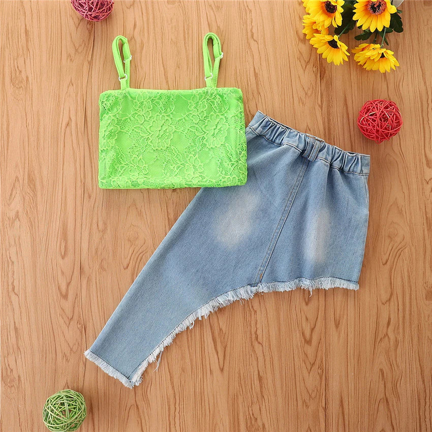 Toddler Girls Lace Sling Stiletto Top with Irregular Denim Skirt