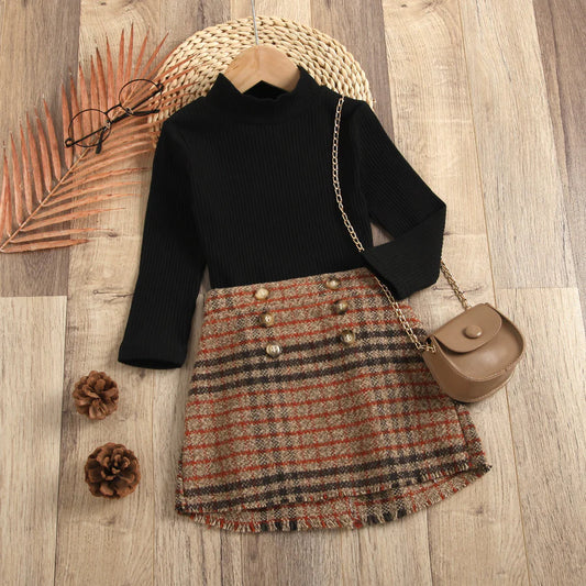 Toddler Girls Long Sleeve Knitted Top and Plaid Skirt Set