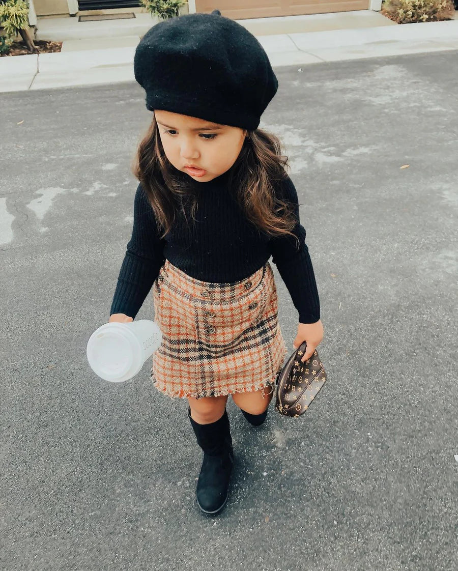 Toddler Girls Long Sleeve Knitted Top and Plaid Skirt Set